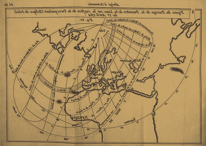 Old map showing an astronomical trajectory with lines and reference marks