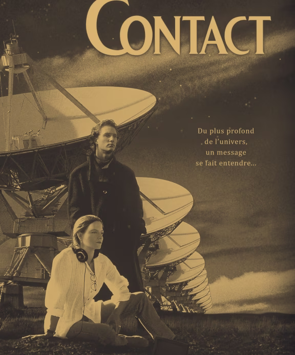 Image inspired by Contact (1997): a woman in the foreground, radio dishes in the background
